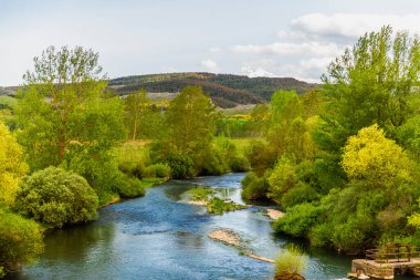 Tarlalar, kasabalar, köyler ve Pireneler 'in nehirleri. Yüksek kalite fotoğraf