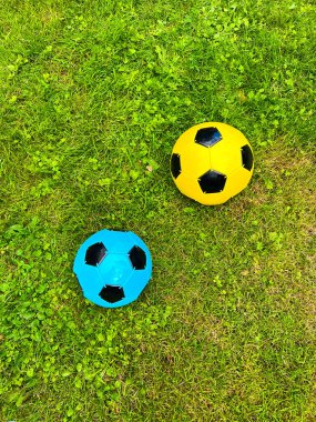 Two childrens soccer balls of yellow and blue colors on the grass. High quality photo clipart