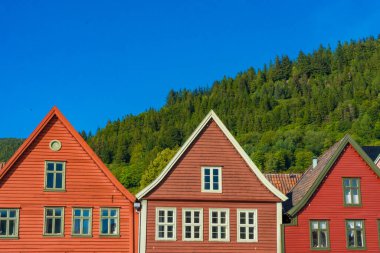 Bryggen, Bergen, Norveç 'te canlı bir yaz gününde yemyeşil bir ormana karşı geleneksel kırmızı ahşap evler sergileniyor. Sahne, bu güzel şehrin cazibesini ve sükunetini yakalıyor..