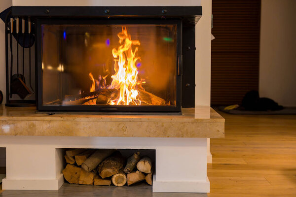 A warm and cozy fireplace with wood logs burning, creating a relaxing and inviting atmosphere in the home during a cold winter evening. Black Labrador Retriver on the background 
