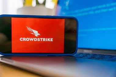 Prag, Çek Cumhuriyeti -13 Eylül 2024: CrowdStrike siber güvenlik yazılımı, Windows hatalı bilgisayar mavisi ölüm ekranının yanında görüntülendi. Dijital koruma ve sorun giderme