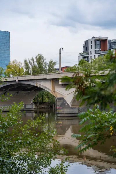 stock image Prague, Czech Republic - September 12, 2024: The Libensky Bridge is captured with visible flood level markers on its pillars.