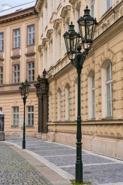 Prag, Çek Cumhuriyeti - 11 Ekim 2024: Nove Mesto 'da bir kaldırım taşı caddesi boyunca klasik siyah demir sokak lambaları. Tarihi binaların dekoratif mimarisi Avrupa cazibesine katkı sağlıyor