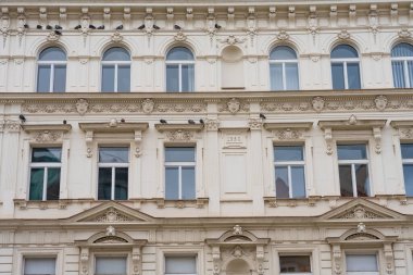 Prague, Czech Republic - October 11, 2024: A close-up view of a historic building facade in Nove Mesto, featuring intricate classical ornamentation, arched windows, and pigeons perched clipart