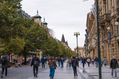 Prag, Çek Cumhuriyeti - 11 Ekim 2024: Nove Mesto 'daki Na Prikope caddesinde tarihi mimari ve modern dükkanlar boyunca yürüyen insanlarla dolu bir sahne. Sokak seviyesinde yakalandılar