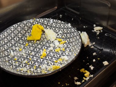 Mikro dalganın içinde parçalanmış bir yumurtaya yakın plan. Parçaları dekoratif bir tabağa serpiştirilmiş. Görüntü gıda aksilikleri, mutfak temizliği ve gıda güvenliği sorunlarını gösteriyor. Kimse yok.