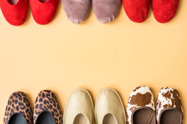 A collection of stylish ballet flats arranged in a circular pattern on a pastel background. The selection features a mix of bold red, soft neutrals, leopard print, and cowhide-inspired textures.  clipart