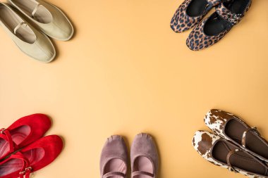 Pastel arka planda dairesel bir düzende düzenlenmiş şık bale daireleri koleksiyonu. Seçimde koyu kırmızı, yumuşak nötrler, leopar desenleri ve inek desenleri, sığır derisi dokuları yer alıyor.