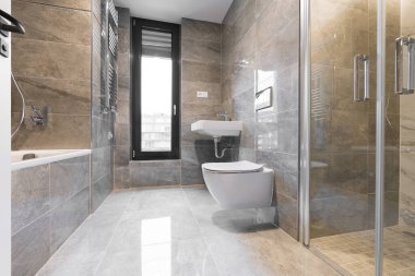 Gri seramik fayansları olan modern bir banyonun geniş açılı görüntüsü, içeri giren duş, tuvalet, lavabo, eğim ve pencere. Doğal ışık. İnsanlar yok, konut tasarımı, Çek apartmanı.