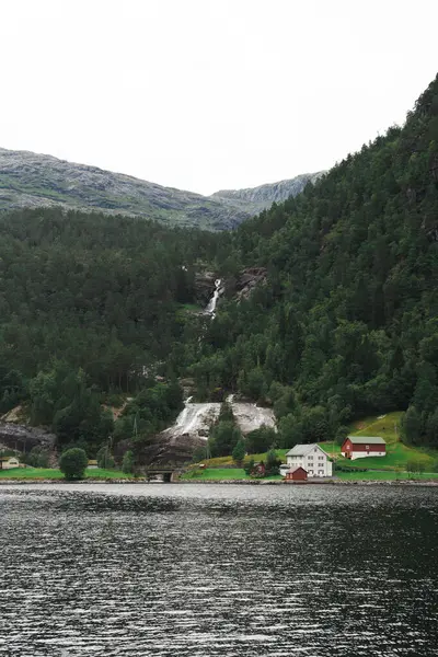 Fiyorttan kırsal köye, orman dağının eteklerinde çağlayan şelaleyle bakın. Yaz güneşinde Bergen, Norveç yakınlarında çekildi. Dikey çerçeve, bulutlu gökyüzü, zengin yeşiller ve taş dokular.
