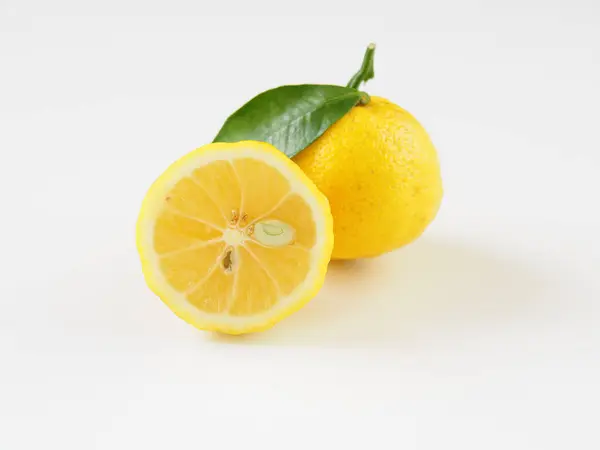 Beyaz arka planda Japon yuzu meyveleri