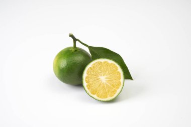       Olgunlaşmamış yeşil Japon portakalları beyaz arkaplanda                         