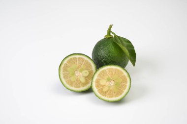    Beyaz arka plana yerleştirilmiş olgunlaşmamış Japon yuzu meyvesi                            