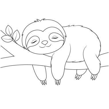 Ağaç boyama sayfasında uyuyan şirin tembel hayvan.