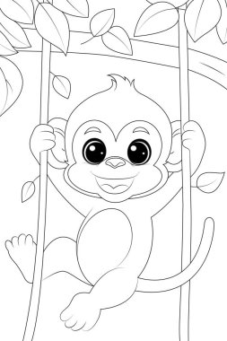 Coloring page a playful monkey swinging from tree vines clipart