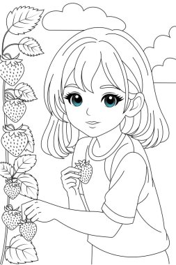 Çocuklar ve yetişkinler için el çizimi şirin kız ve çilek sepeti boyama sayfası. Yemek ve içecek boyama kitabı