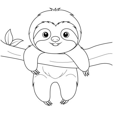 Ağaç boyama sayfasında asılı şirin tembel hayvanın boyama sayfası