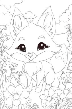Renklendirme sayfası Çiçek tarlasında hoplayıp zıplayan şirin bir tilki.