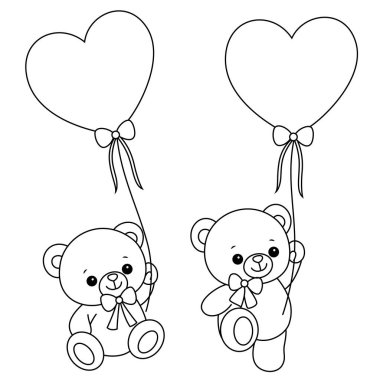 Balonlu sevimli oyuncak ayının boyama sayfası. Sevgililer Günü Resim Boyama Kitabı