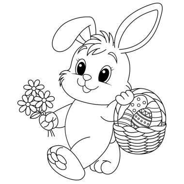 Paskalya Tavşanı elinde dekore edilmiş yumurtalardan oluşan küçük bir sepet, siyah beyaz vektör karikatür çizimi.