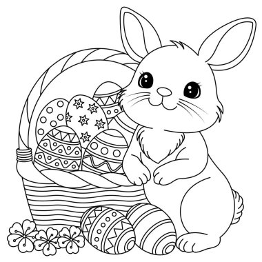 Paskalya Tavşanı ve bir sepet süslü Paskalya yumurtası boyama sayfası.