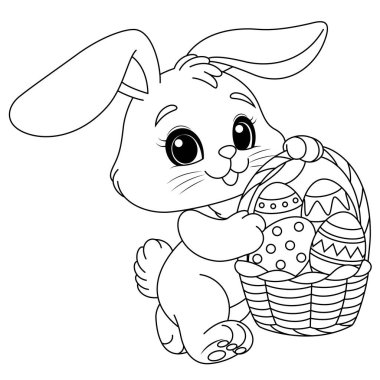 Paskalya Tavşanı ve bir sepet süslü Paskalya yumurtası boyama sayfası.
