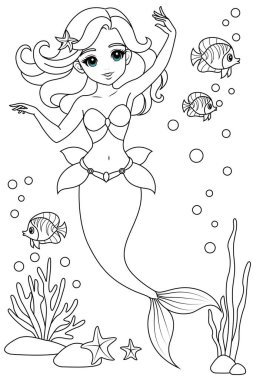 Kawaii deniz kızı boyama sayfası
