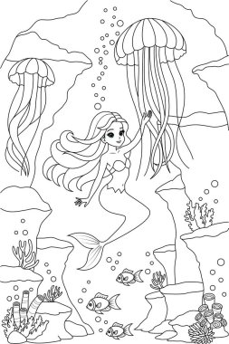 Kawaii deniz kızı denizanası boyama sayfasıyla oynuyor.