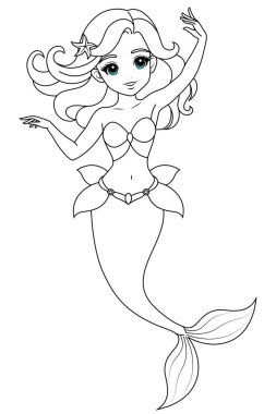 Çocuklar ve yetişkinler için Kawaii deniz kızı boyama sayfasının el çizimi. Denizkızı boyama kitabı