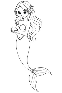 Çocuklar ve yetişkinler için Kawaii deniz kızı boyama sayfasının el çizimi. Denizkızı boyama kitabı