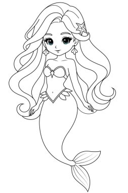 Çocuklar ve yetişkinler için Kawaii deniz kızı boyama sayfasının el çizimi. Denizkızı boyama kitabı