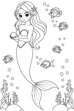Çocuklar ve yetişkinler için Kawaii deniz kızı boyama sayfasının el çizimi. Denizkızı boyama kitabı