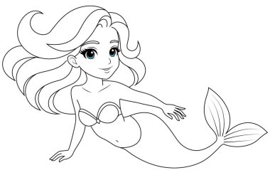 Hand-drawn illustration of kawaii mermaid princess coloring page for kids and adults. Mermaid colouring book clipart