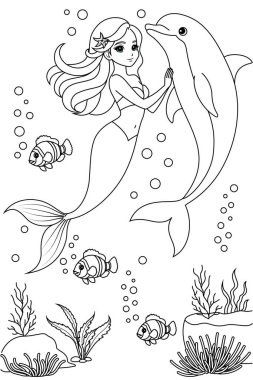Kawaii deniz kızı prensesinin el çizimi ve çocuklar ve yetişkinler için yunus boyama sayfası. Denizkızı boyama kitabı