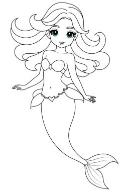 Çocuklar ve yetişkinler için Kawaii deniz kızı boyama sayfasının el çizimi. Denizkızı boyama kitabı