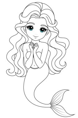 Çocuklar ve yetişkinler için Kawaii deniz kızı boyama sayfasının el çizimi. Denizkızı boyama kitabı