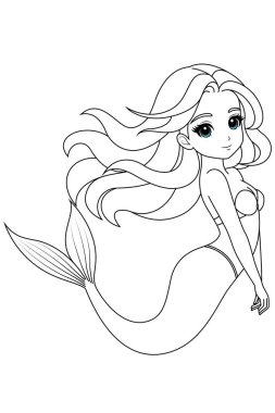 Çocuklar ve yetişkinler için Kawaii deniz kızı boyama sayfasının el çizimi. Denizkızı boyama kitabı