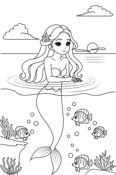 stock vector Hand-drawn illustration of kawaii mermaid princess coloring page for kids and adults. Mermaid colouring book