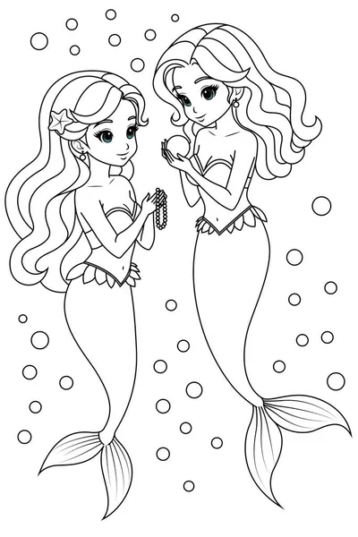 Stock vector Hand-drawn illustration of kawaii mermaid princess coloring page for kids and adults. Mermaid colouring book