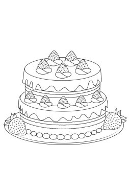 Çocuklar ve yetişkinler için el çizimi çilek doğum günü boyama sayfası. Yemek ve içecek boyama kitabı