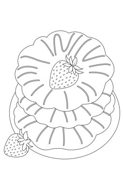 Çocuklar ve yetişkinler için çilekli börek boyama sayfasının el çizimi. Yemek ve içecek boyama kitabı