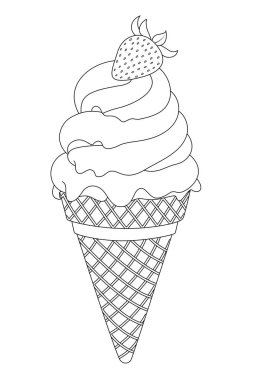 Çocuklar ve yetişkinler için el çizimi çilekli dondurma boyama sayfası. Yemek ve içecek boyama kitabı