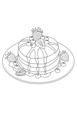 Çocuklar ve yetişkinler için çilekli krep boyama sayfasının el çizimi. Yemek ve içecek boyama kitabı