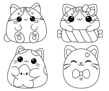 Set of Cute Kitty Cartoon Coloring Page