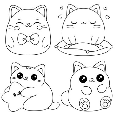 Set of Cute Kitty Cartoon Coloring Page