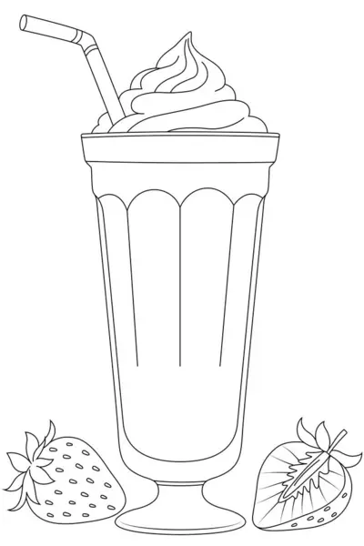 Outline vector food and drink of a strawberry smoothie. Coloring pages for kids and adults