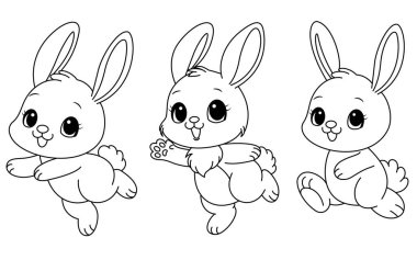 Sevimli tavşan boyama sayfası seti. Çocuklar için Paskalya boyama kitabı