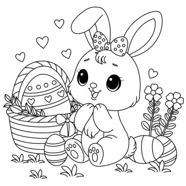 Paskalya tavşanı ve çocuklar için boyalı yumurta boyama sayfası.