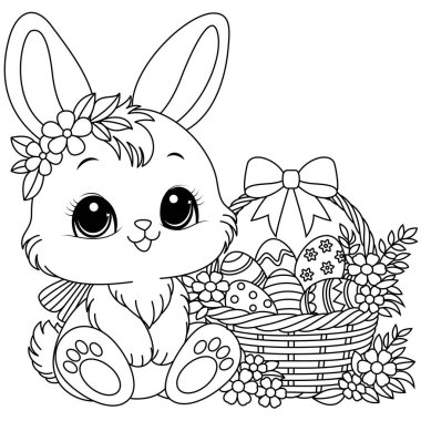 Kawaii Paskalya tavşanı ve çocuklar için yumurta boyama sayfası.