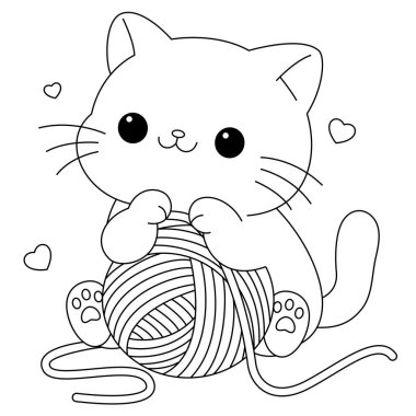 Şirin kedi yün yumağı boyama sayfasıyla oynuyor. Sevimli karakter tasarımı. Çocuklar için grafiksel öğeler. Çizgi film el çizimi tarzı.